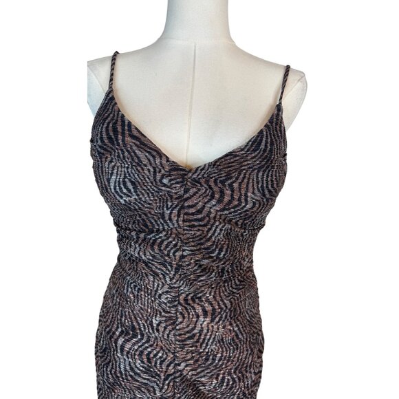 NWT JUMP Apparel Brown Zebra Small Print Ruched Bodycon Mini Dress Thin Straps - Picture 2 of 14